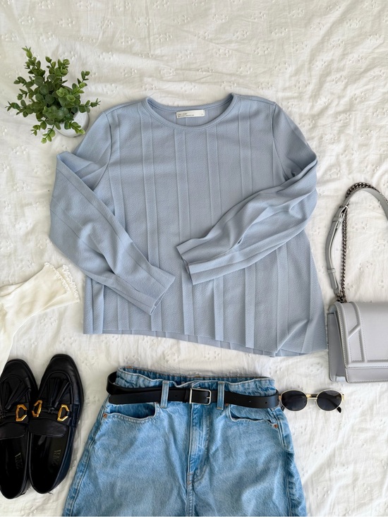 OAK + FORT Tops - OAK + FORT Pale Blue Ribbed Long-Sleeve Top